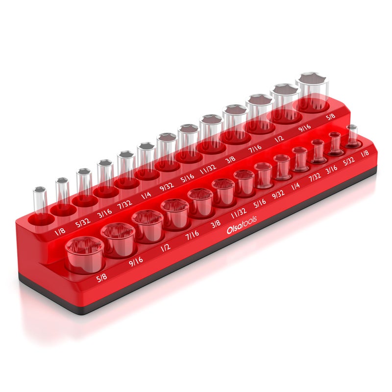 Olsa Tools Magnetic Socket Organizer | 1/4-inch Drive | SAE | RED | Holds 26 Sockets | Professional Quality Tools Organizer - Image 1